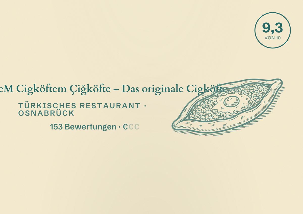 Illustriertes Poster von ÇiğköfteM Cigköftem Çiğköfte – Das originale Cigköfte, Türkisches Restaurant in Osnabrück: Bewertung 9,3 von 10 aus 153 Bewertungen, Preisniveau €