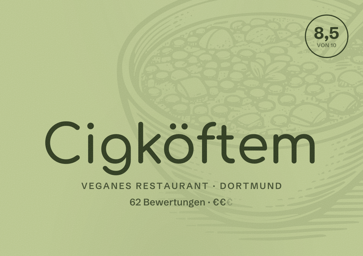 Illustriertes Poster von Cigköftem, Veganes Restaurant in Dortmund: Gästebewertung 8,5 von 10 aus 62 Bewertungen