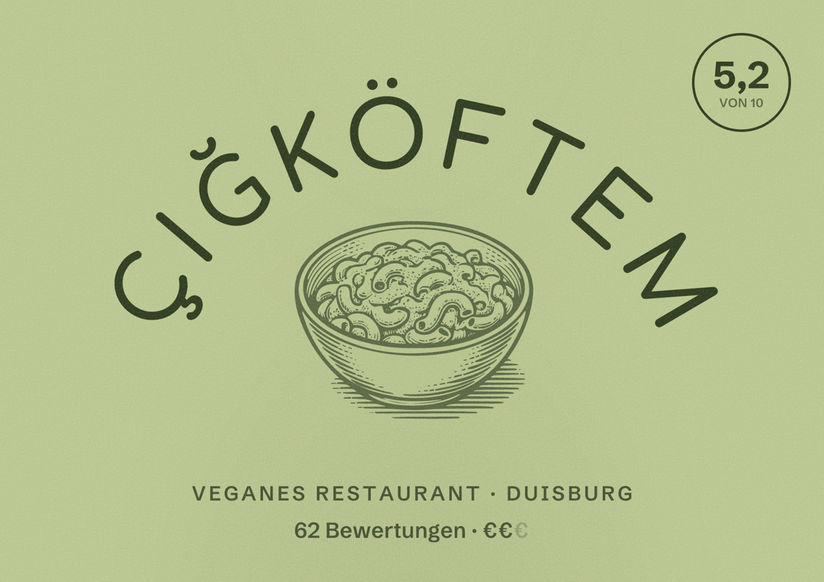 Illustriertes Poster von Çiğköftem, Veganes Restaurant in Duisburg: Bewertung 5,2 von 10 aus 62 Bewertungen, Preisniveau €€