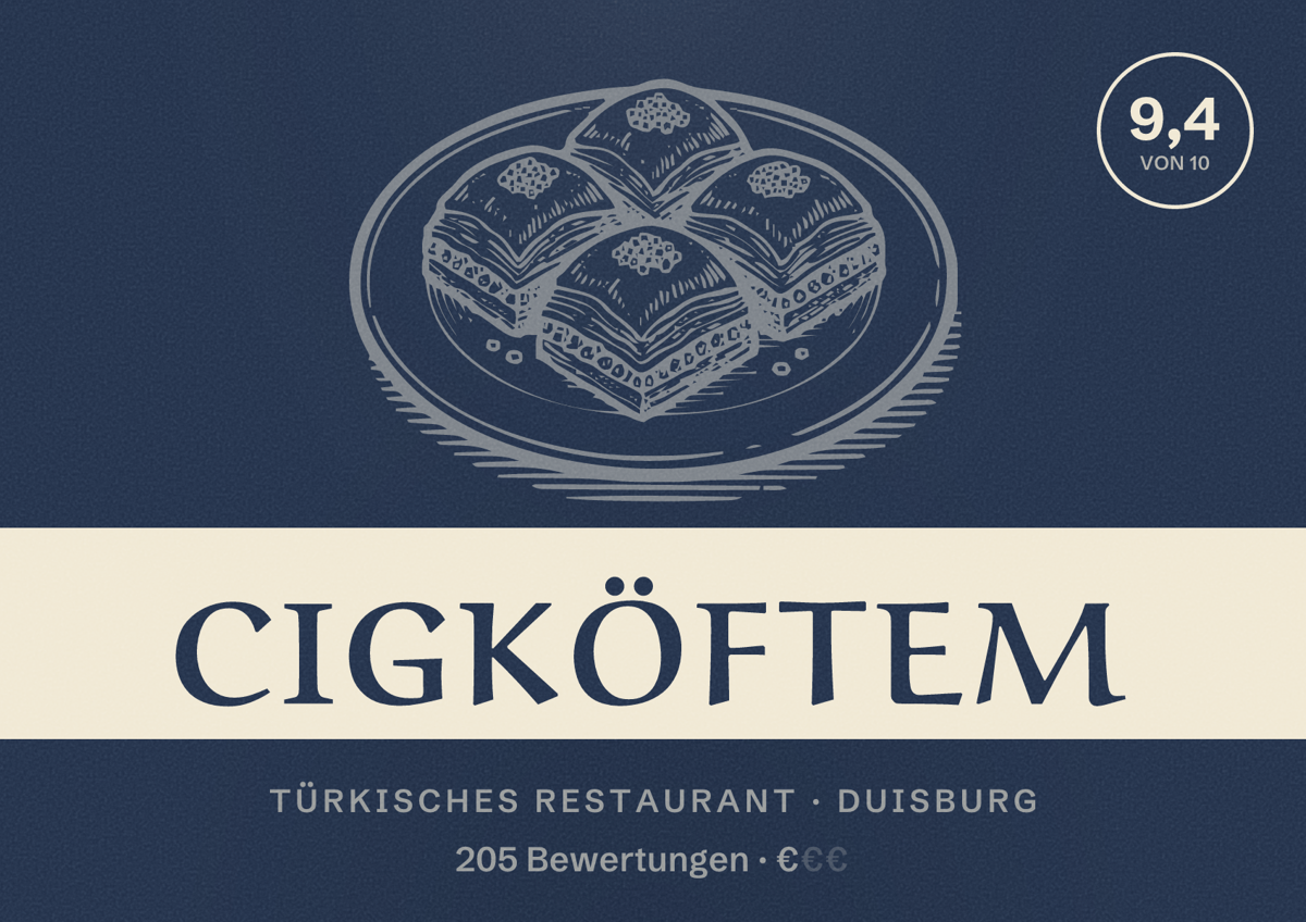 Illustriertes Poster von Cigköftem, Türkisches Restaurant in Duisburg: Gästebewertung 9,4 von 10 aus 205 Bewertungen