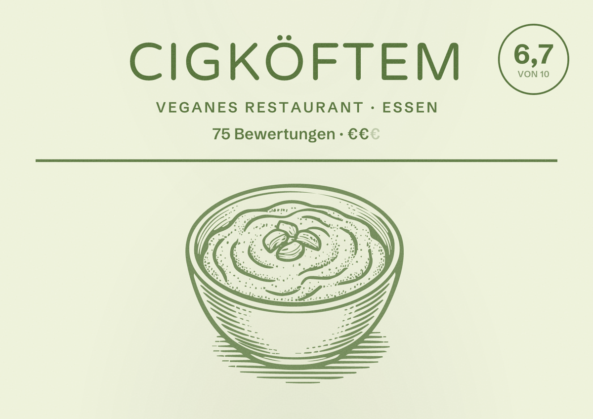 Illustriertes Poster von Cigköftem, Veganes Restaurant in Essen: Bewertung 6,7 von 10 aus 75 Bewertungen, Preisniveau €€