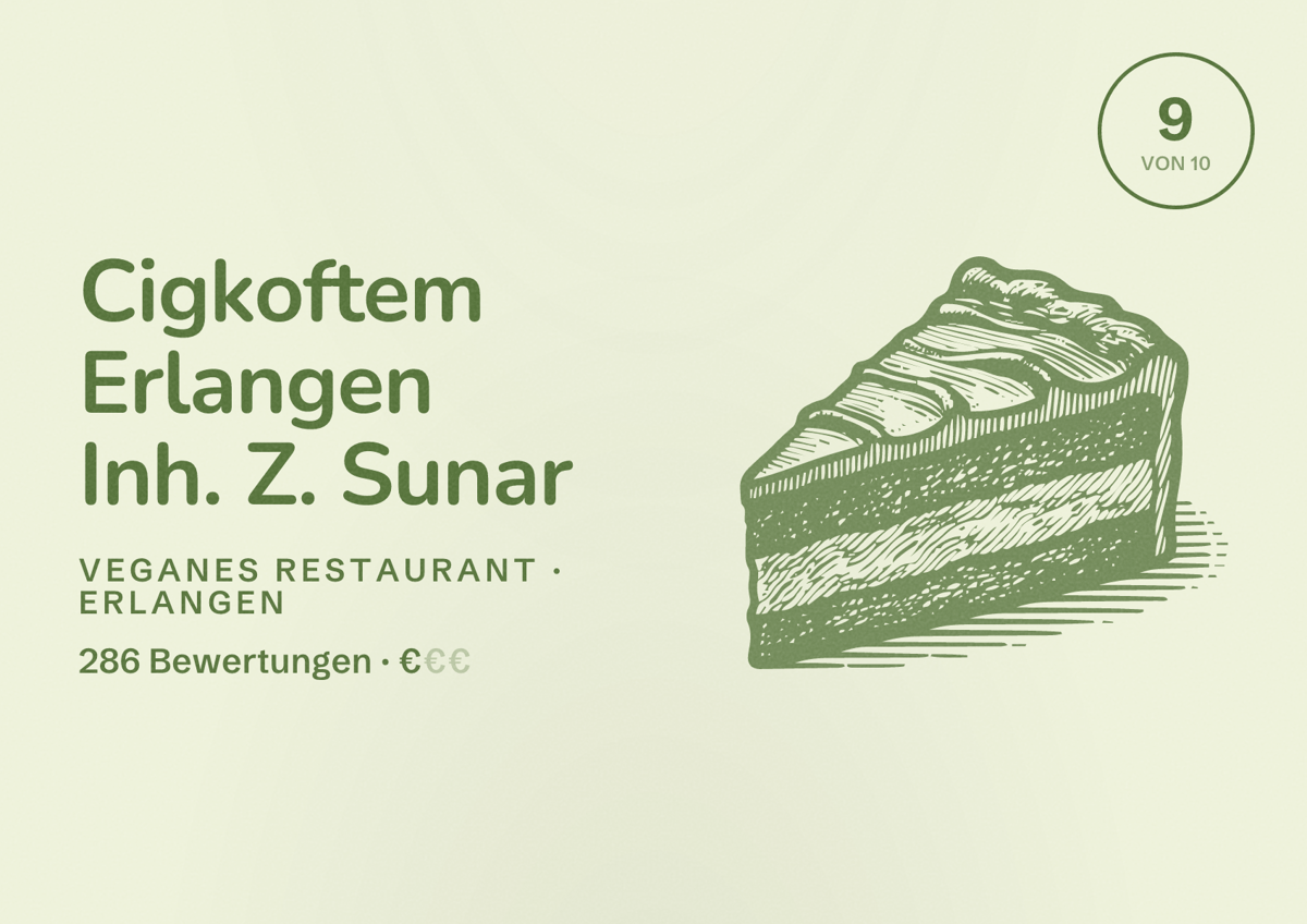 Illustriertes Poster von Cigkoftem Erlangen Inh. Z. Sunar, Veganes Restaurant in Erlangen: Bewertung 9 von 10 aus 286 Bewertungen, Preisniveau €