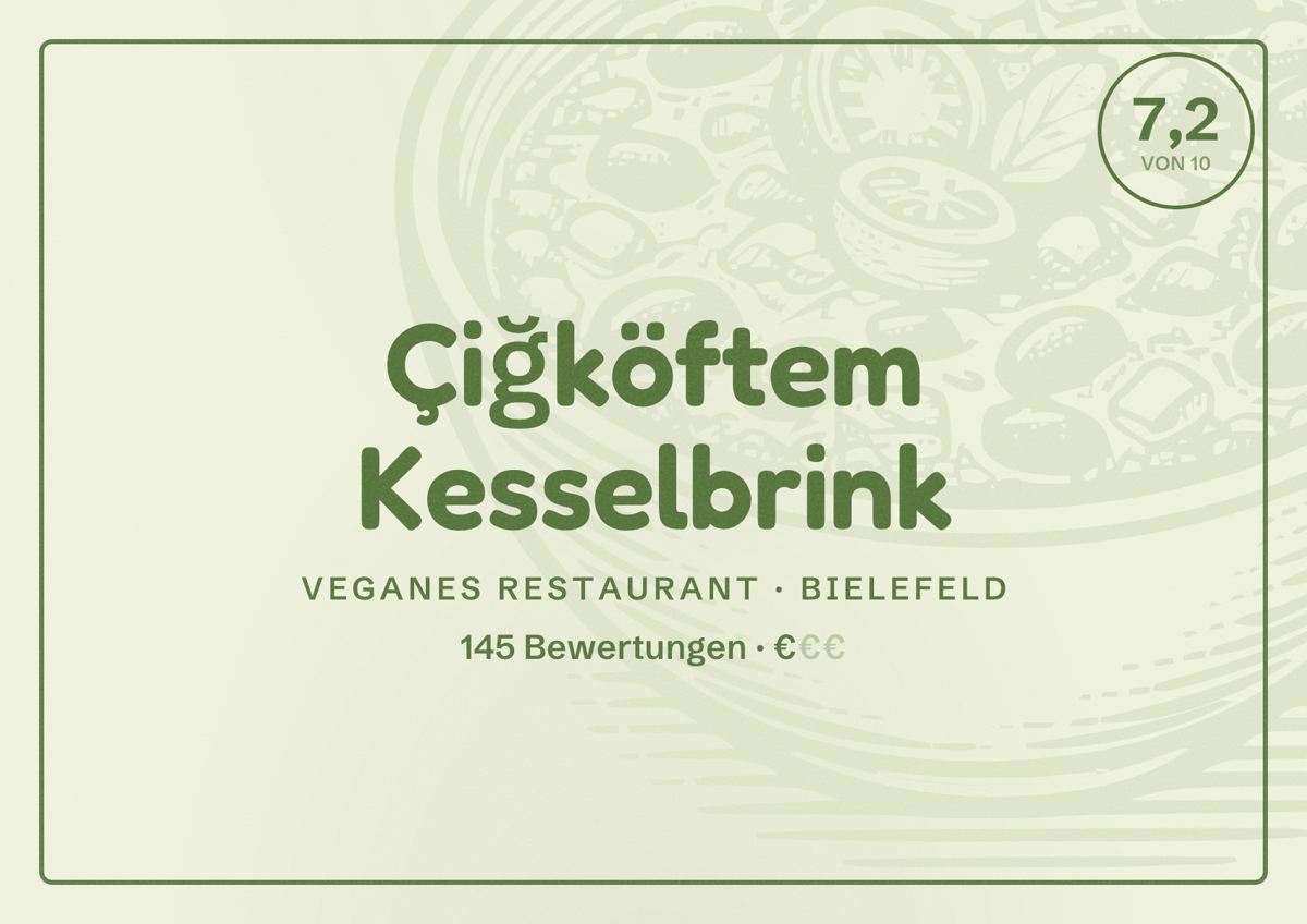 Illustriertes Poster von Çiğköftem Kesselbrink, Veganes Restaurant in Bielefeld: Bewertung 7,2 von 10 aus 145 Bewertungen, Preisniveau €