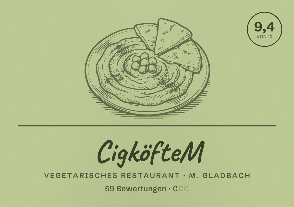 Illustriertes Poster von CigköfteM, Vegetarisches Restaurant in M. Gladbach: Bewertung 9,4 von 10 aus 59 Bewertungen, Preisniveau €