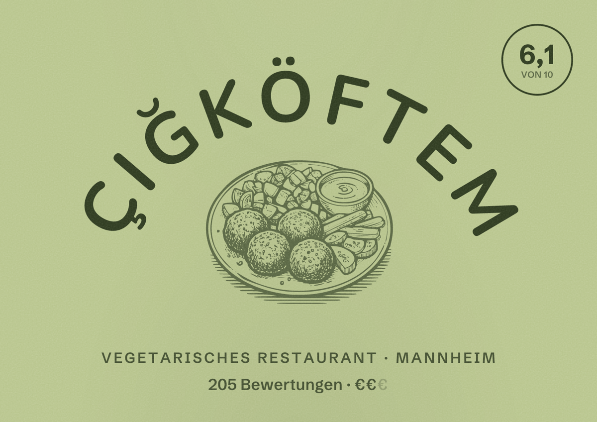Illustriertes Poster von Çiğköftem, Vegetarisches Restaurant in Mannheim: Bewertung 6,1 von 10 aus 205 Bewertungen, Preisniveau €€