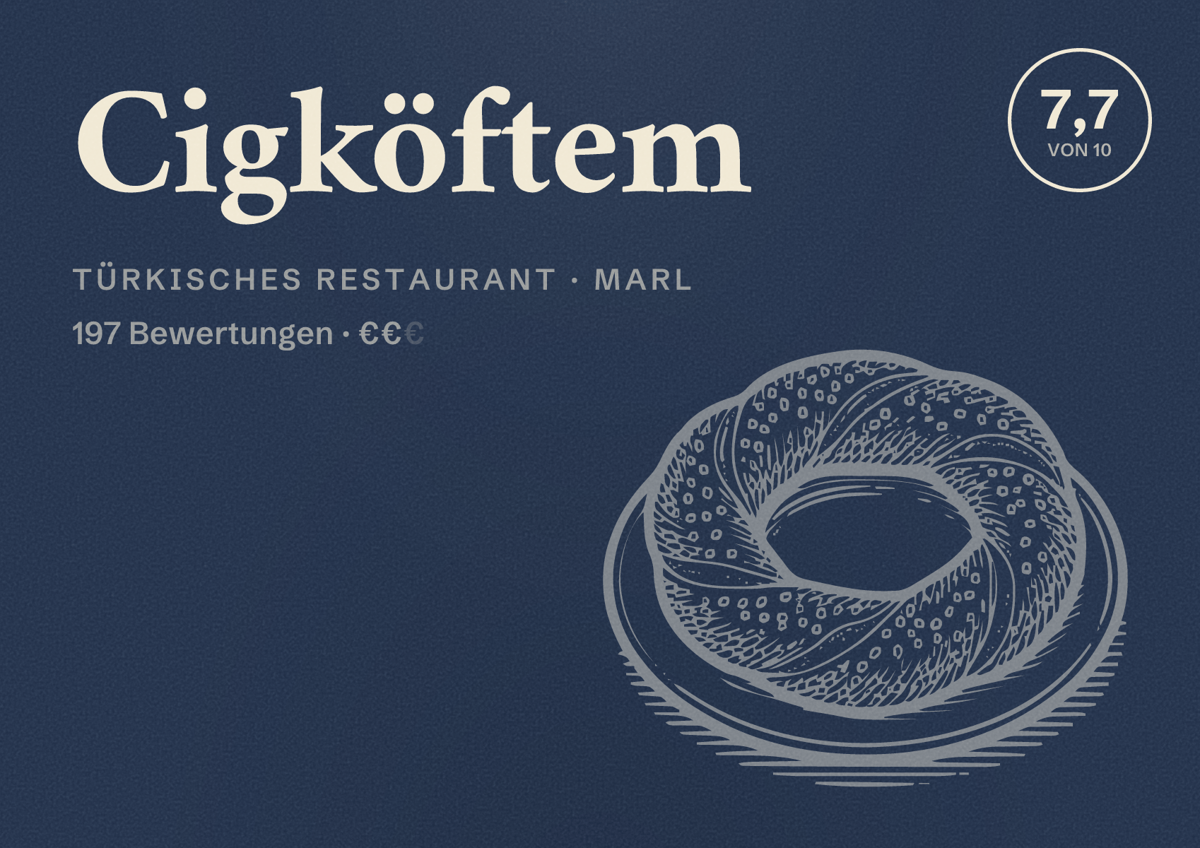 Illustriertes Poster von Cigköftem, Türkisches Restaurant in Marl: Bewertung 7,7 von 10 aus 197 Bewertungen, Preisniveau €€