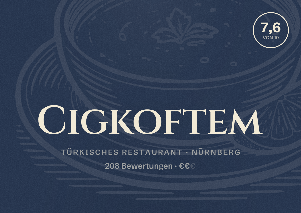 Illustriertes Poster von Cigkoftem, Türkisches Restaurant in Nürnberg: Bewertung 7,6 von 10 aus 208 Bewertungen, Preisniveau €€