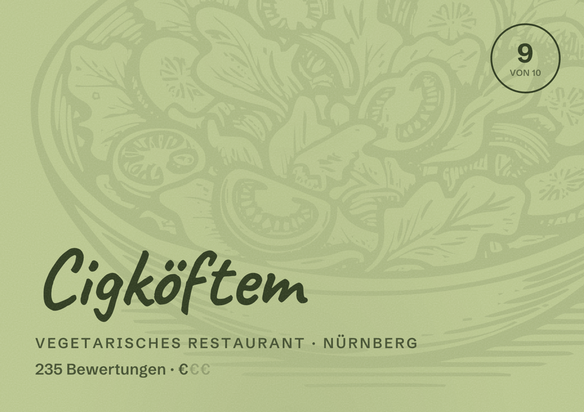 Illustriertes Poster von Cigköftem, Vegetarisches Restaurant in Nürnberg: Bewertung 9,0 von 10 aus 235 Bewertungen, Preisniveau €