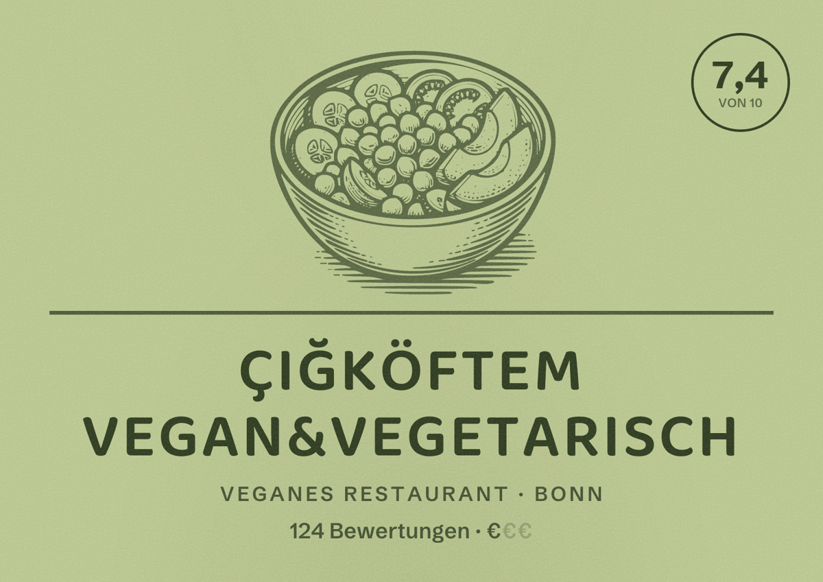 Illustriertes Poster von ÇiğköfteM Vegan&Vegetarisch, Veganes Restaurant in Bonn: Bewertung 7,4 von 10 aus 124 Bewertungen, Preisniveau €