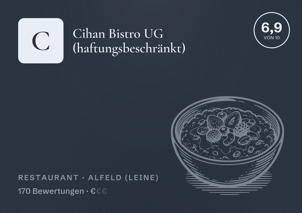 Illustriertes Poster von Cihan Bistro UG (haftungsbeschränkt), Restaurant in Alfeld (Leine): Bewertung 6,9 von 10 aus 170 Bewertungen, Preisniveau €