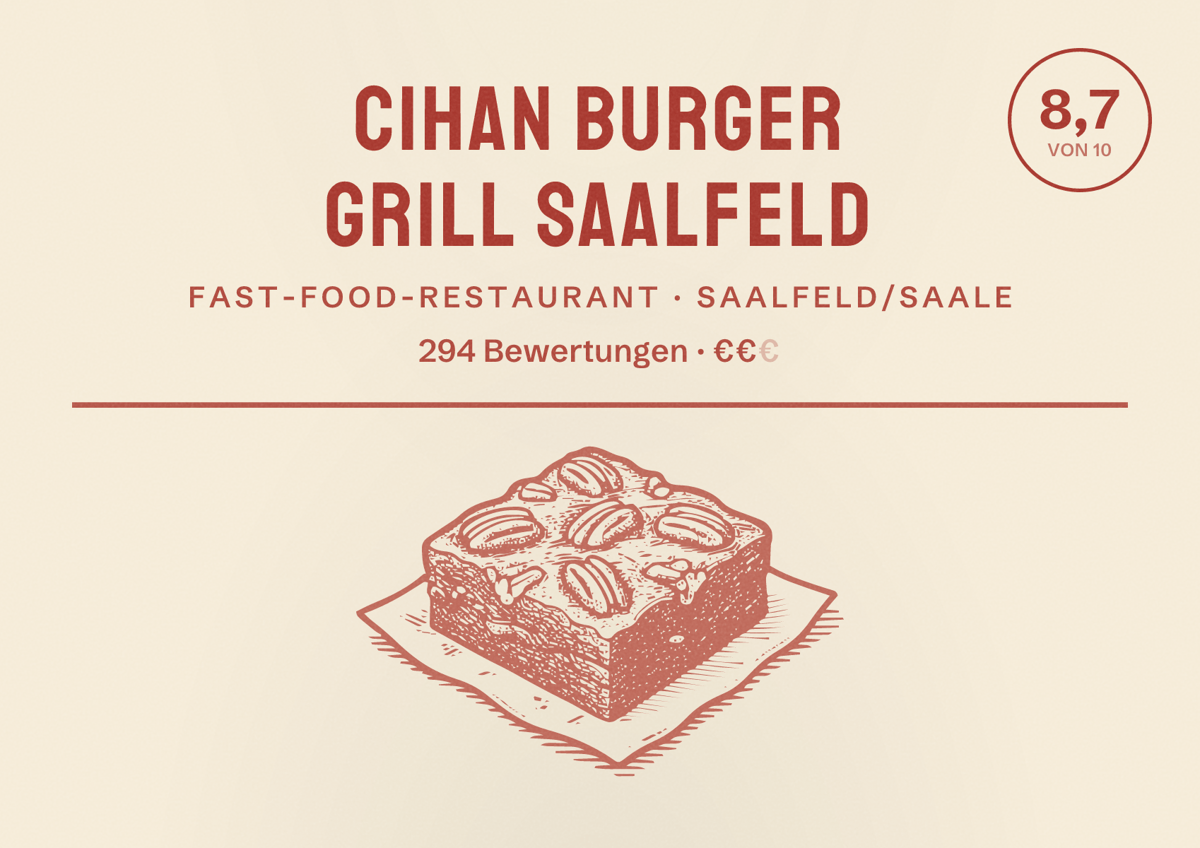 Illustriertes Poster von Cihan Burger Grill Saalfeld, Fast-Food-Restaurant in Saalfeld/Saale: Bewertung 8,7 von 10 aus 294 Bewertungen, Preisniveau €€
