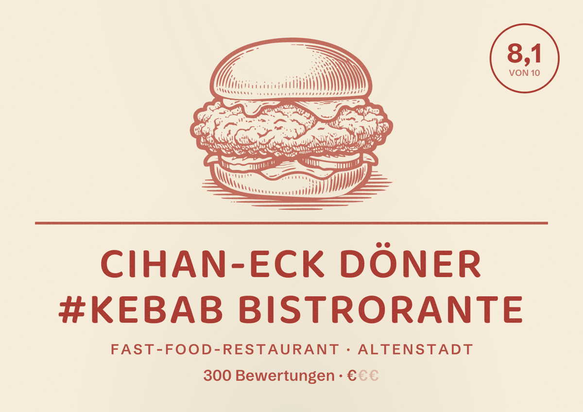 Illustriertes Poster von Cihan-Eck Döner #Kebab Bistrorante, Fast-Food-Restaurant in Altenstadt: Bewertung 8,1 von 10 aus 300 Bewertungen, Preisniveau €