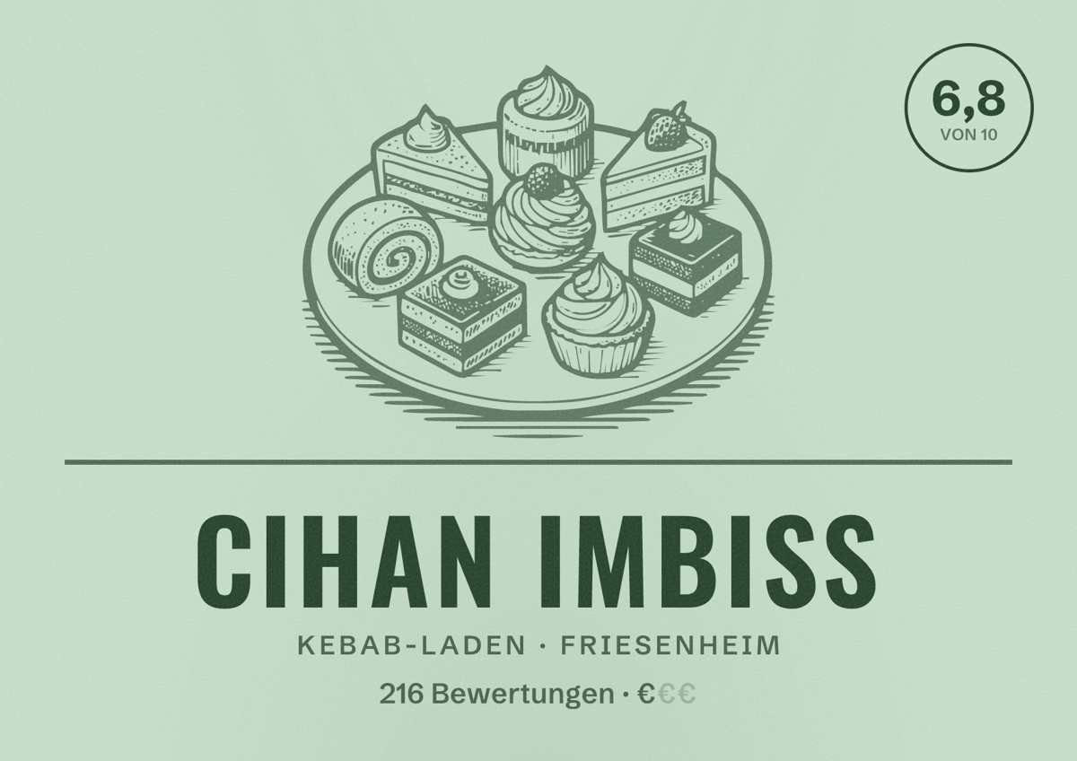 Illustriertes Poster von Cihan Imbiss, Kebab-Laden in Friesenheim: Bewertung 6,8 von 10 aus 216 Bewertungen, Preisniveau €