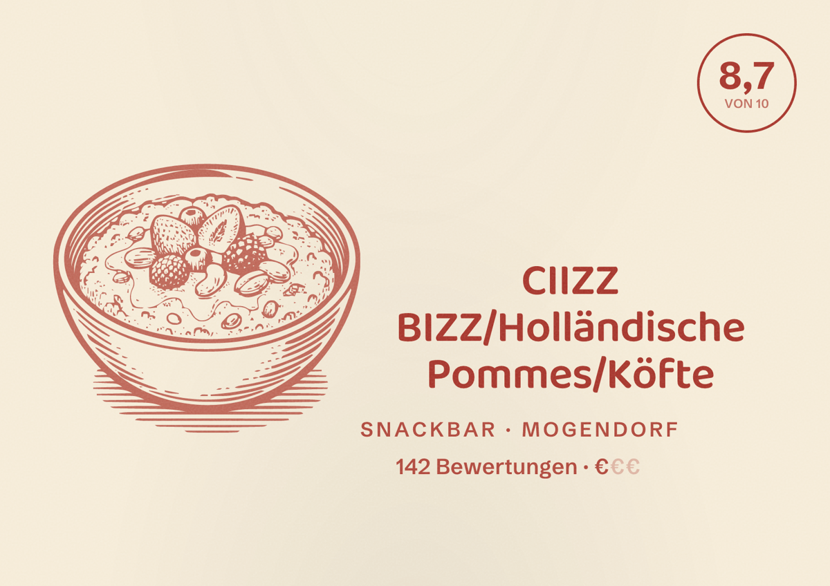 Illustriertes Poster von CIIZZ BIZZ/Holländische Pommes/Köfte, Snackbar in Mogendorf: Bewertung 8,7 von 10 aus 142 Bewertungen, Preisniveau €