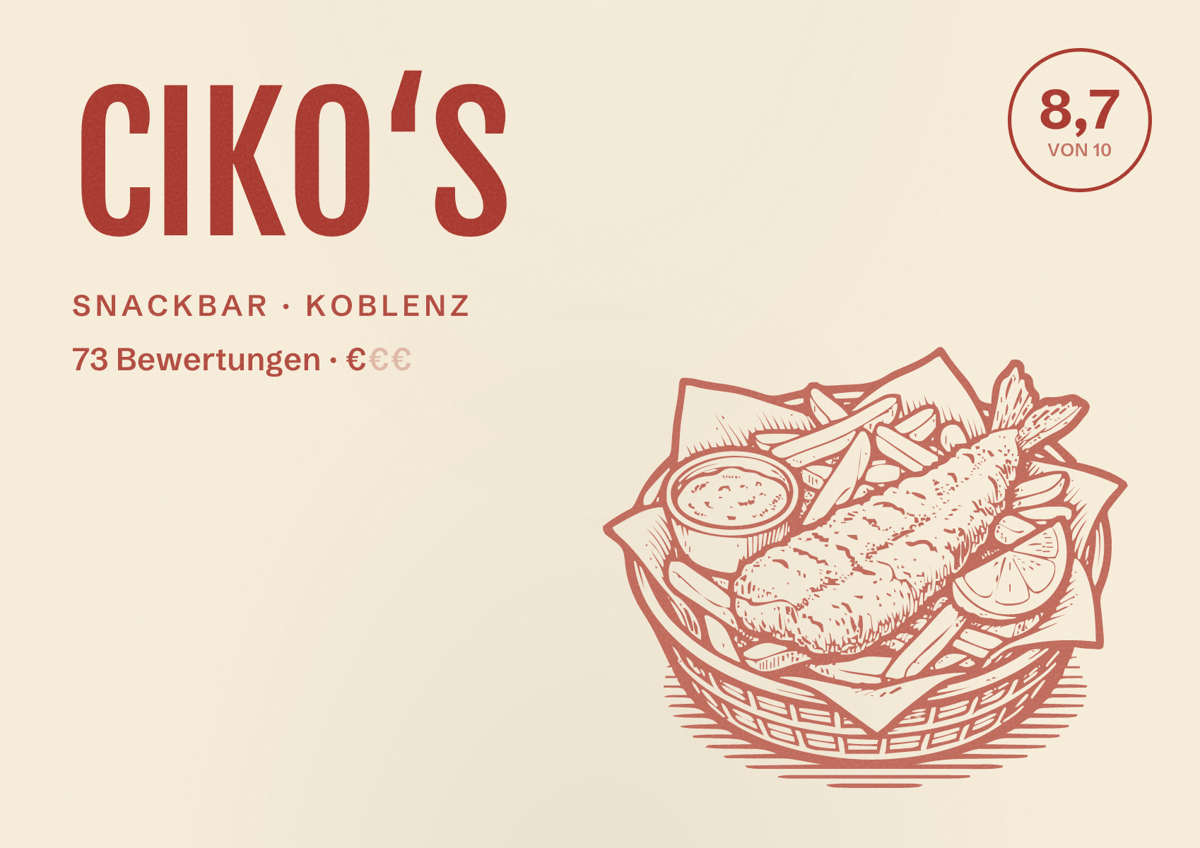 Illustriertes Poster von CIKO‘S, Snackbar in Koblenz: Bewertung 8,7 von 10 aus 73 Bewertungen, Preisniveau €