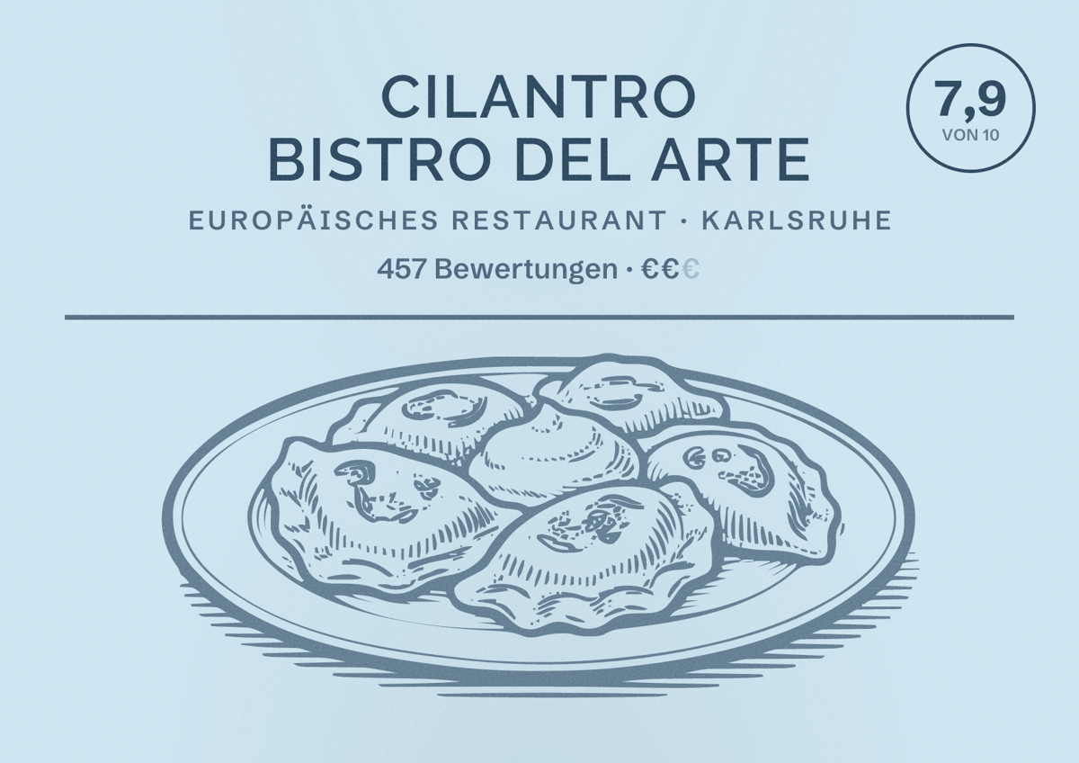 Illustriertes Poster von Cilantro Bistro Del Arte, Europäisches Restaurant in Karlsruhe: Bewertung 7,9 von 10 aus 457 Bewertungen, Preisniveau €€