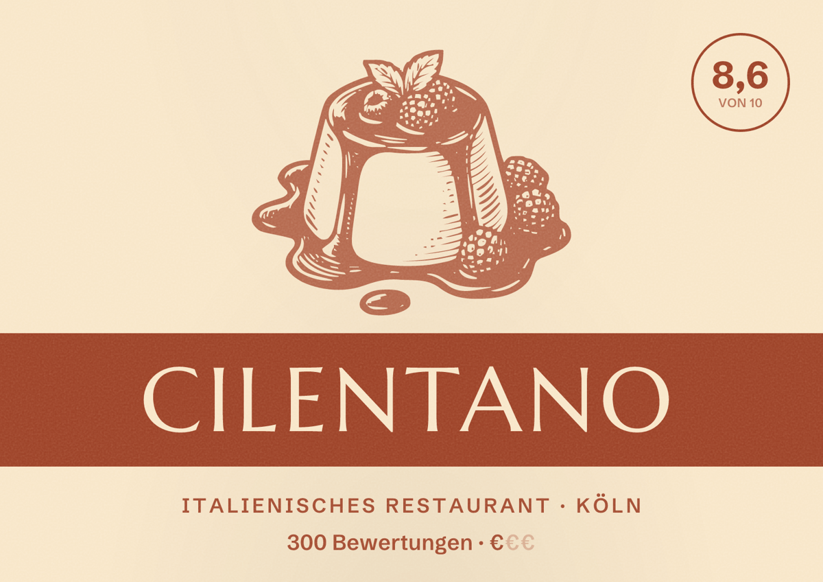 Illustriertes Poster von Cilentano, Italienisches Restaurant in Köln: Bewertung 8,6 von 10 aus 300 Bewertungen, Preisniveau €
