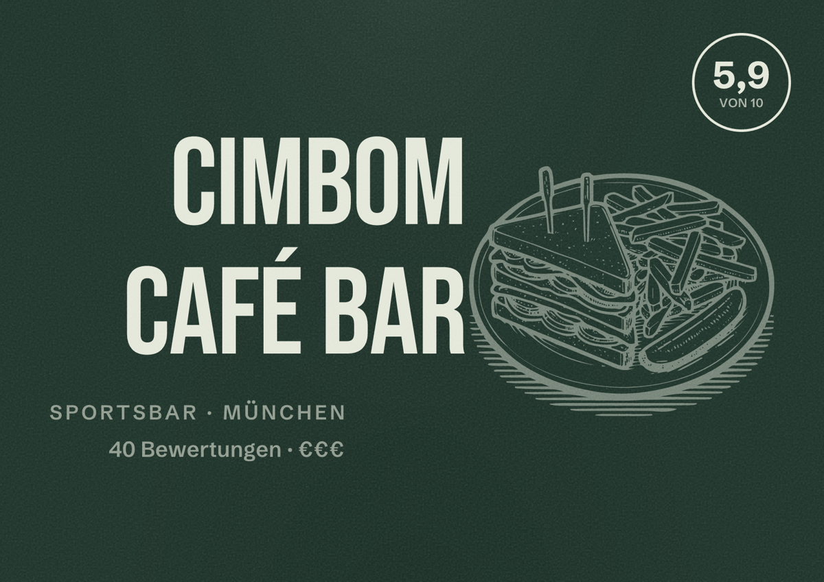 Illustriertes Poster von Cimbom Café Bar, Sportsbar in München: Bewertung 5,9 von 10 aus 40 Bewertungen, Preisniveau €€€