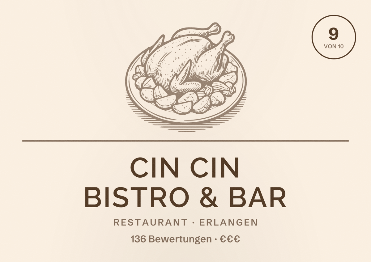 Illustriertes Poster von cin cin Bistro & Bar, Restaurant in Erlangen: Bewertung 9 von 10 aus 136 Bewertungen, Preisniveau €€€