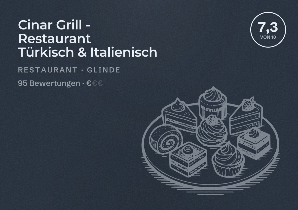 Illustriertes Poster von Cinar Grill - Restaurant Türkisch & Italienisch, Restaurant in Glinde: Bewertung 7,3 von 10 aus 95 Bewertungen, Preisniveau €