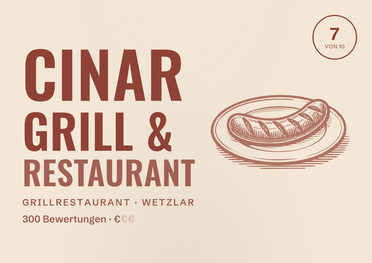 Illustriertes Poster von Cinar Grill & Restaurant, Grillrestaurant in Wetzlar: Bewertung 7 von 10 aus 300 Bewertungen, Preisniveau €