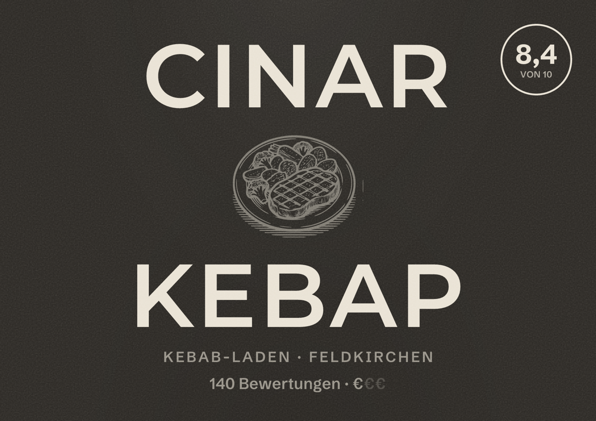 Illustriertes Poster von Cinar Kebap, Kebab-Laden in Feldkirchen: Bewertung 8,4 von 10 aus 140 Bewertungen, Preisniveau €