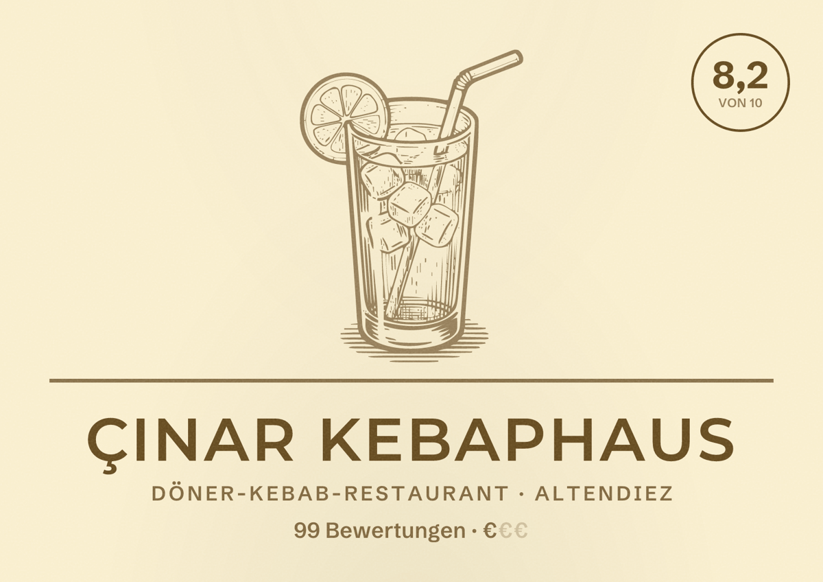 Illustriertes Poster von Çınar Kebaphaus, Döner-Kebab-Restaurant in Altendiez: Bewertung 8,2 von 10 aus 99 Bewertungen, Preisniveau €