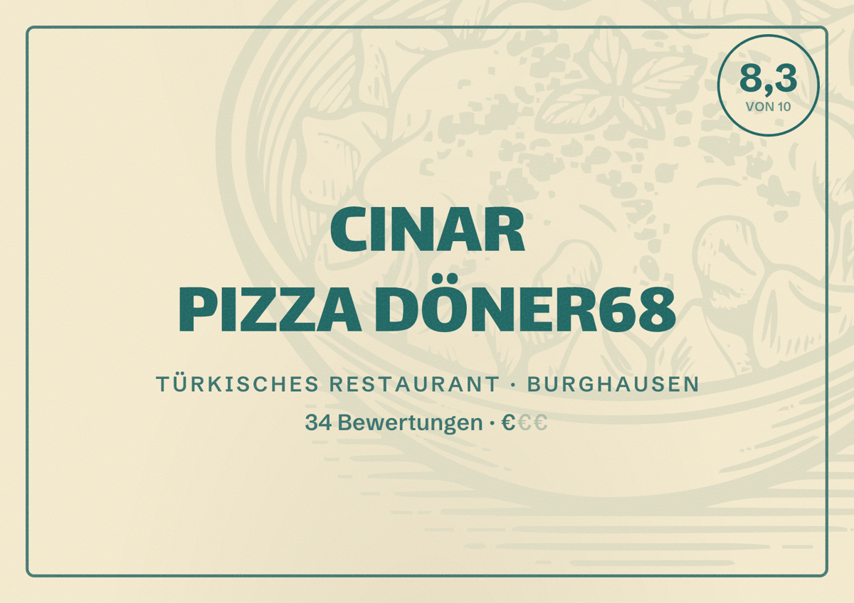 Illustriertes Poster von CINAR PIZZA DÖNER68, Türkisches Restaurant in Burghausen: Bewertung 8,3 von 10 aus 34 Bewertungen, Preisniveau €
