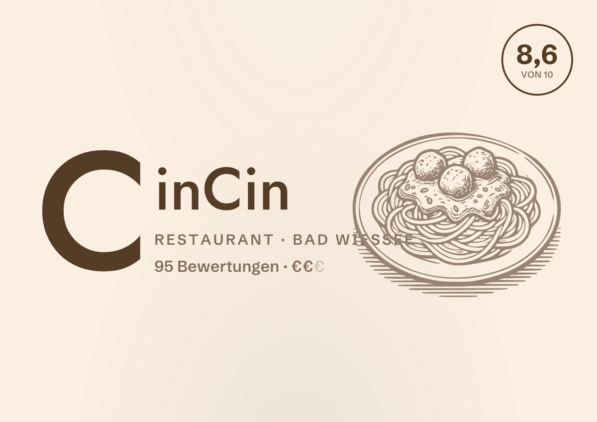 Illustriertes Poster von CinCin, Restaurant in Bad Wiessee: Bewertung 8,6 von 10 aus 95 Bewertungen, Preisniveau €€