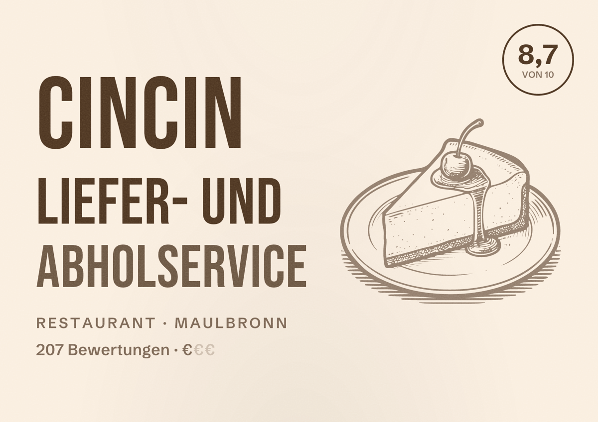 Illustriertes Poster von CinCin Liefer- und Abholservice, Restaurant in Maulbronn: Bewertung 8,7 von 10 aus 207 Bewertungen, Preisniveau €