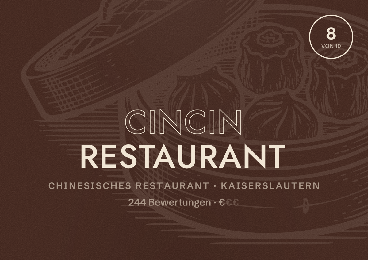 Illustriertes Poster von CINCIN Restaurant, Chinesisches Restaurant in Kaiserslautern: Bewertung 8 von 10 aus 244 Bewertungen, Preisniveau €