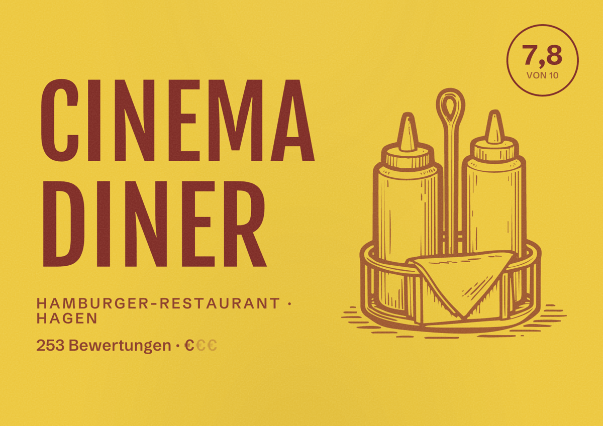 Illustriertes Poster von Cinema Diner, Hamburger-Restaurant in Hagen: Bewertung 7,8 von 10 aus 253 Bewertungen, Preisniveau €
