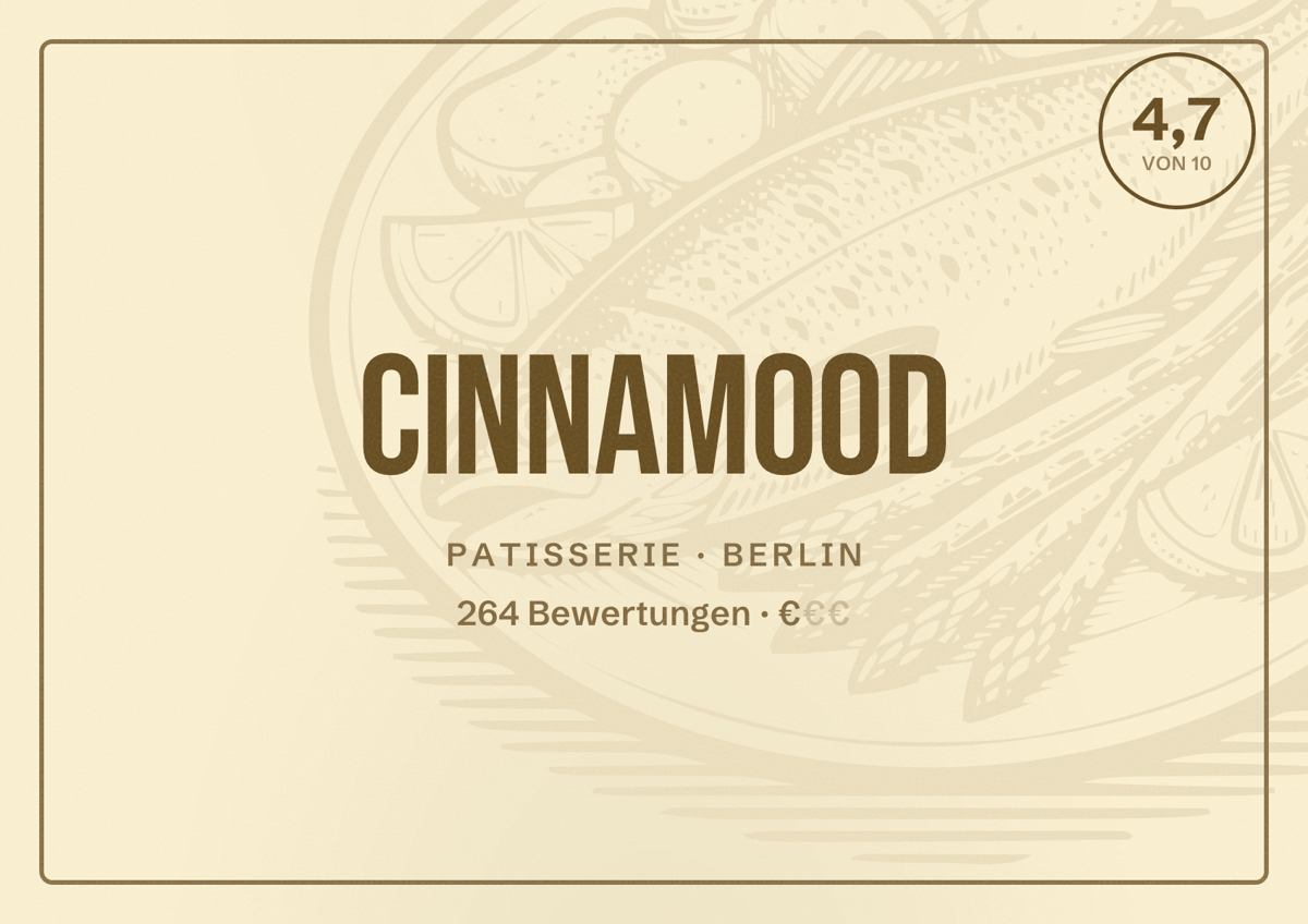 Illustriertes Poster von CINNAMOOD, Patisserie in Berlin: Bewertung 4,7 von 10 aus 264 Bewertungen, Preisniveau €