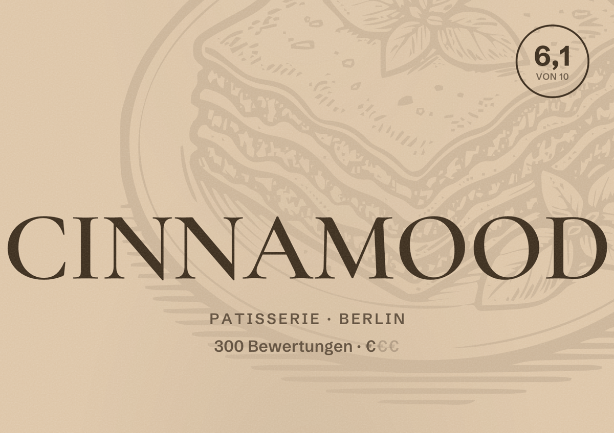 Illustriertes Poster von CINNAMOOD, Patisserie in Berlin: Bewertung 6,1 von 10 aus 300 Bewertungen, Preisniveau €