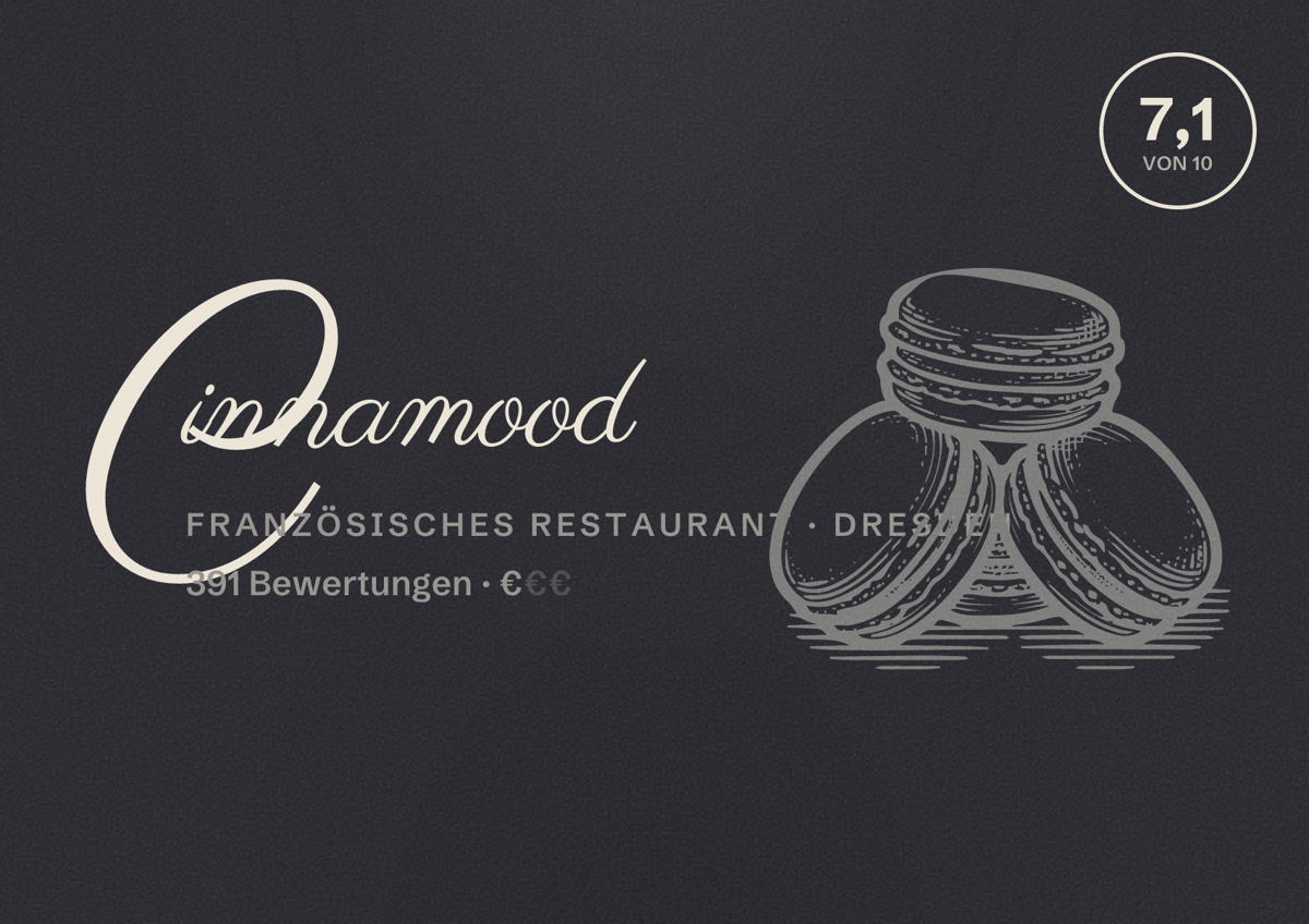 Illustriertes Poster von Cinnamood, Französisches Restaurant in Dresden: Bewertung 7,1 von 10 aus 391 Bewertungen, Preisniveau €