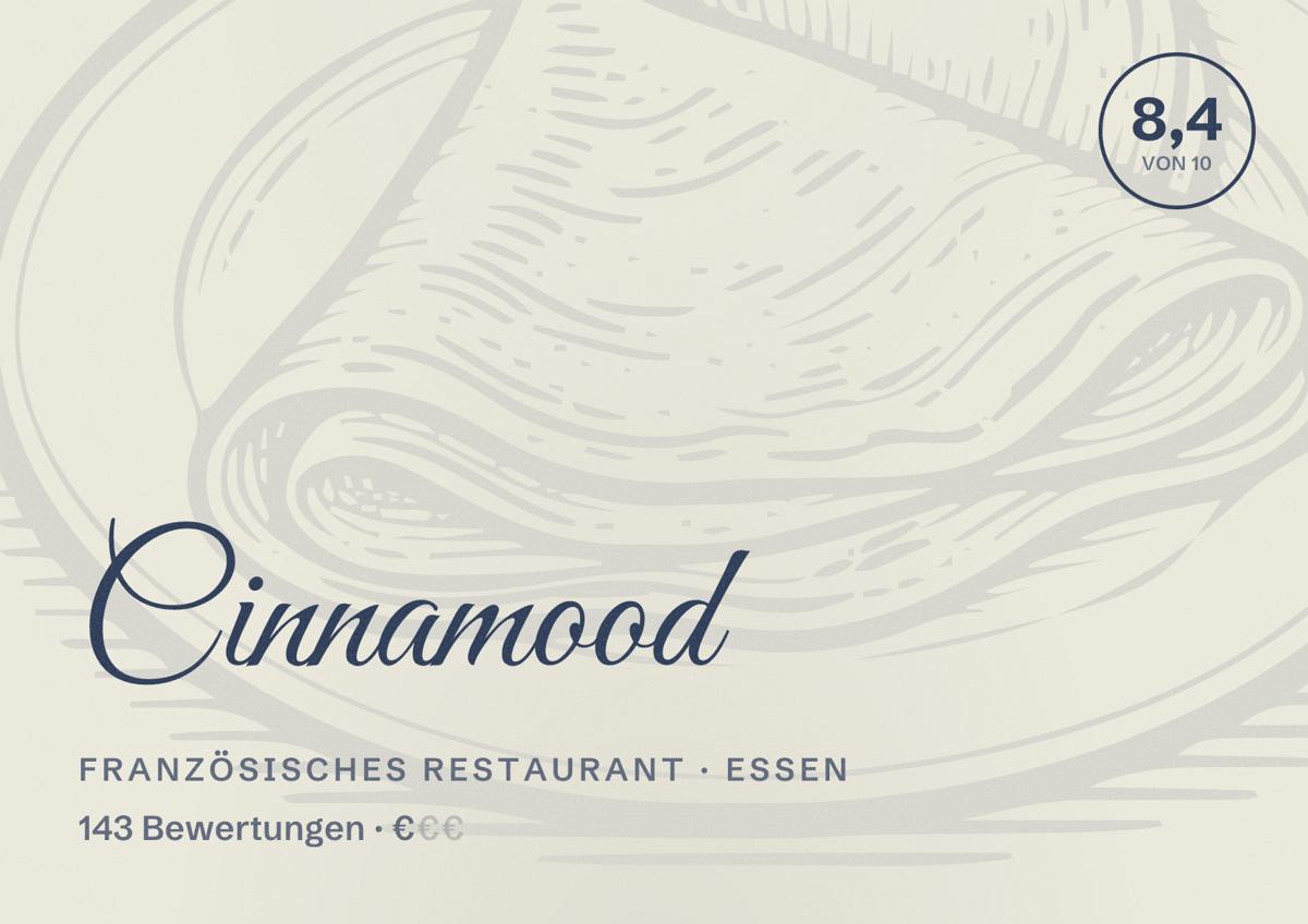 Illustriertes Poster von Cinnamood, Französisches Restaurant in Essen: Bewertung 8,4 von 10 aus 143 Bewertungen, Preisniveau €