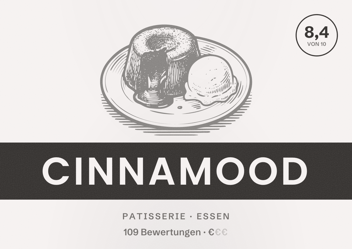 Illustriertes Poster von Cinnamood, Patisserie in Essen: Bewertung 8,4 von 10 aus 109 Bewertungen, Preisniveau €