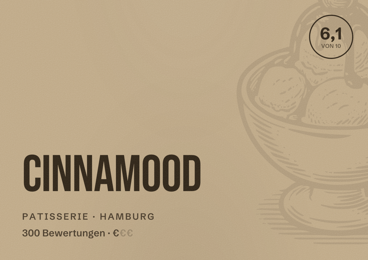 Illustriertes Poster von CINNAMOOD, Patisserie in Hamburg: Bewertung 6,1 von 10 aus 300 Bewertungen, Preisniveau €