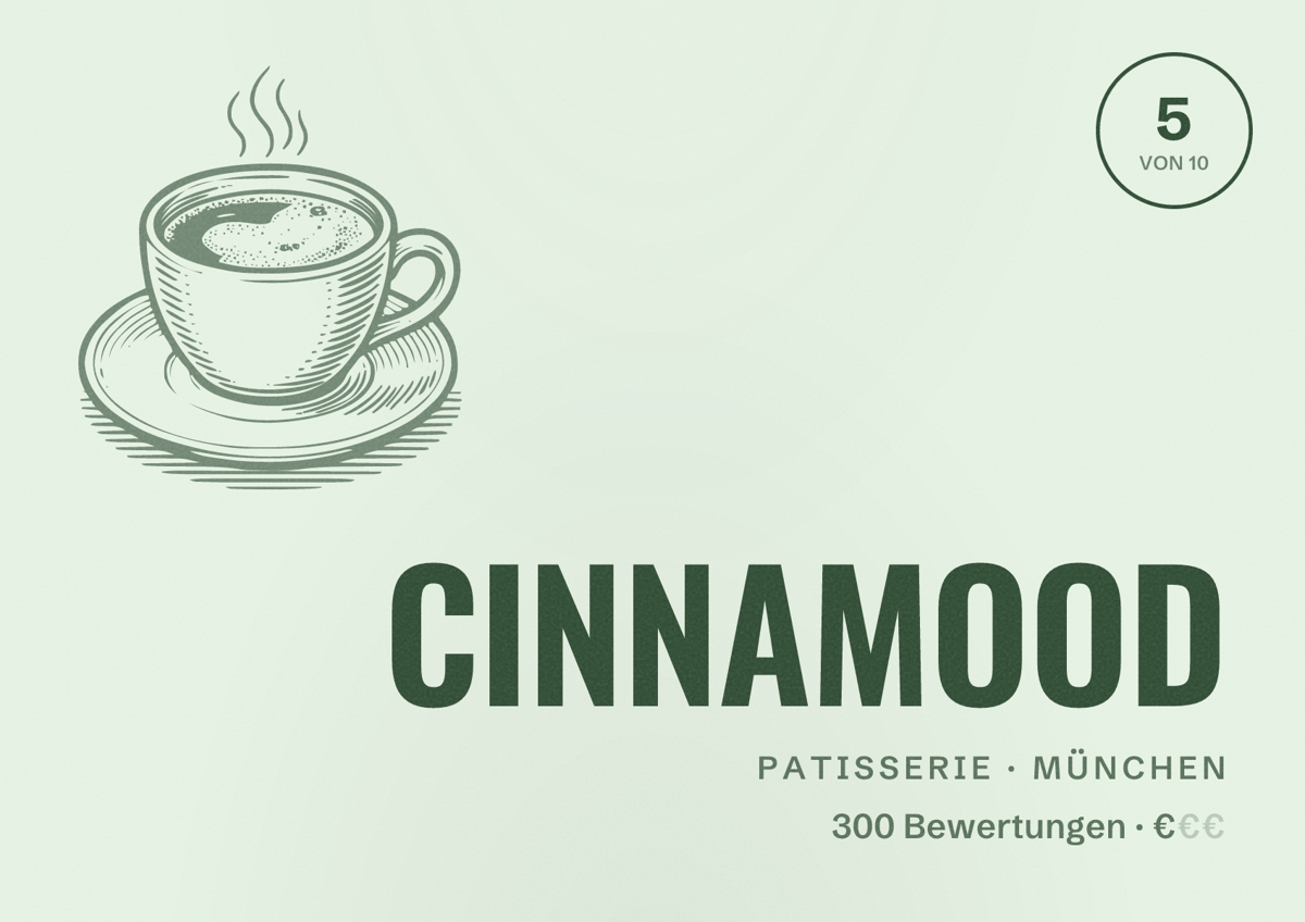 Illustriertes Poster von CINNAMOOD, Patisserie in München: Bewertung 5 von 10 aus 300 Bewertungen, Preisniveau €