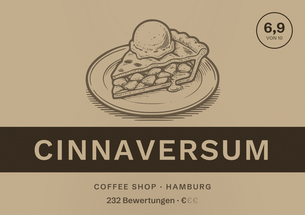 Illustriertes Poster von Cinnaversum, Coffee Shop in Hamburg: Bewertung 6,9 von 10 aus 232 Bewertungen, Preisniveau €