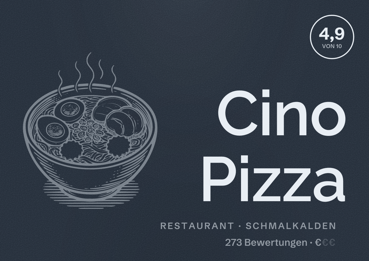 Illustriertes Poster von Cino Pizza, Restaurant in Schmalkalden: Bewertung 4,9 von 10 aus 273 Bewertungen, Preisniveau €