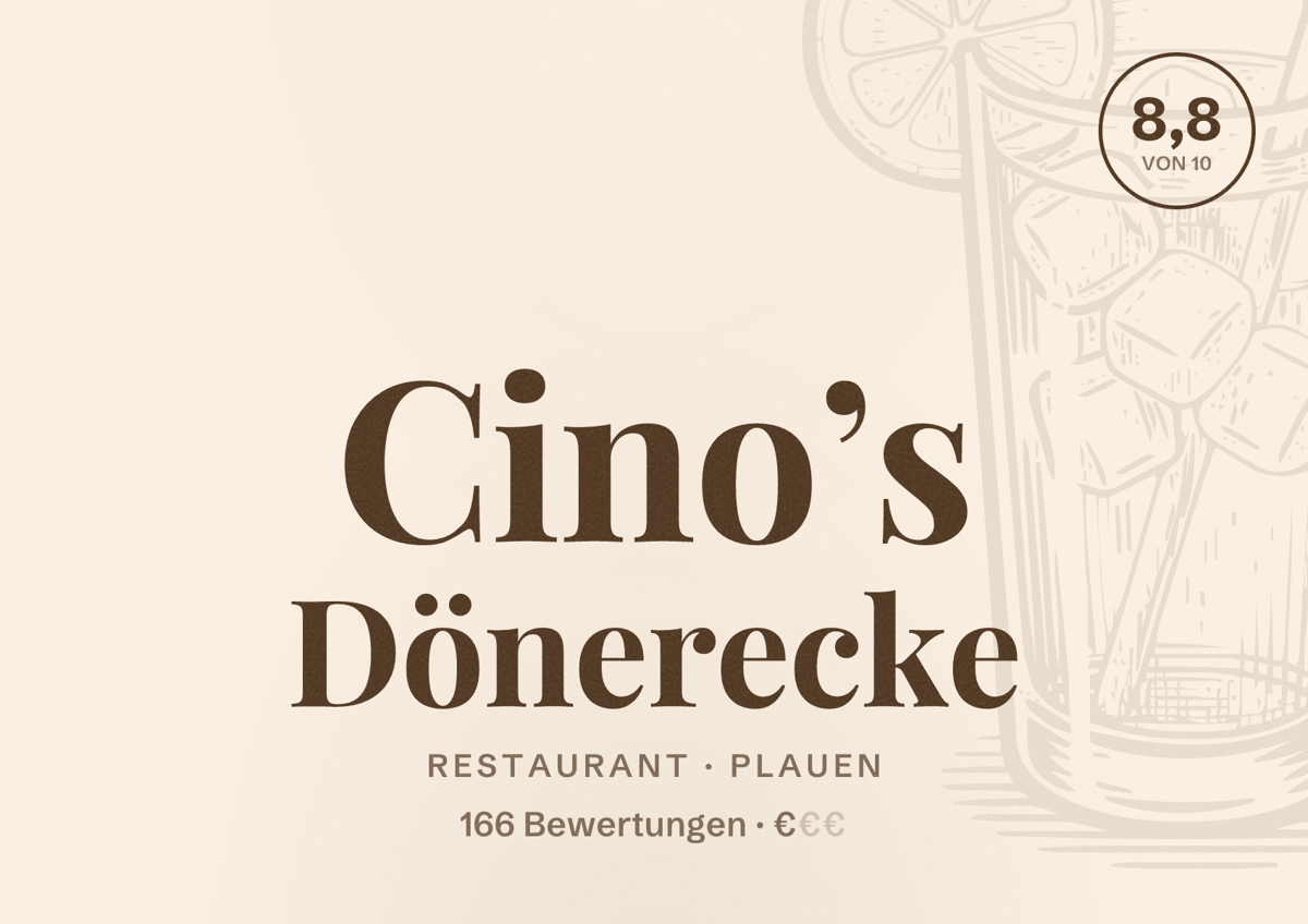 Illustriertes Poster von Cino’s Dönerecke, Restaurant in Plauen: Bewertung 8,8 von 10 aus 166 Bewertungen, Preisniveau €