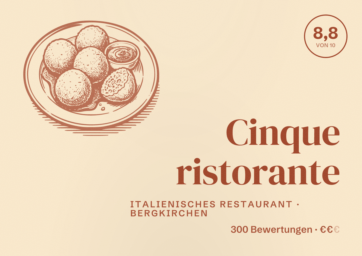 Illustriertes Poster von Cinque ristorante, Italienisches Restaurant in Bergkirchen: Bewertung 8,8 von 10 aus 300 Bewertungen, Preisniveau €€