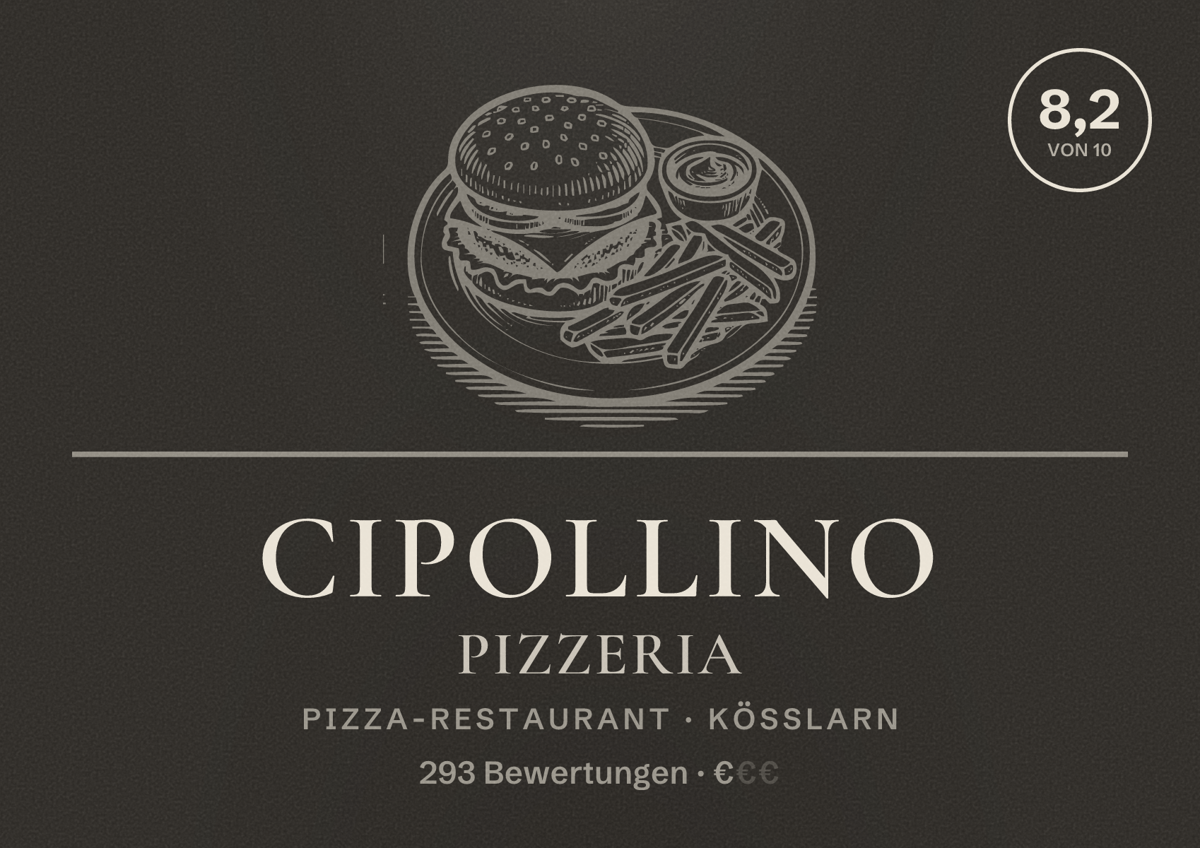 Illustriertes Poster von Cipollino Pizzeria, Pizza-Restaurant in Kößlarn: Bewertung 8,2 von 10 aus 293 Bewertungen, Preisniveau €