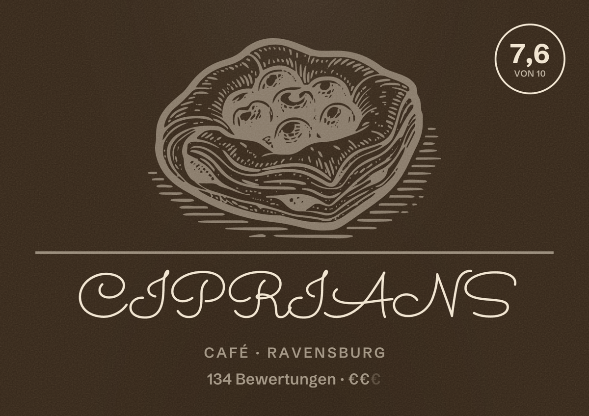 Illustriertes Poster von CIPRIANS, Café in Ravensburg: Bewertung 7,6 von 10 aus 134 Bewertungen, Preisniveau €€