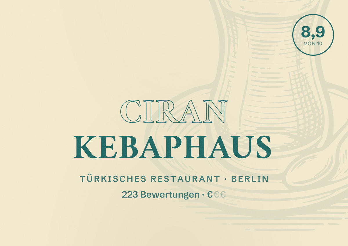 Illustriertes Poster von Ciran kebaphaus, Türkisches Restaurant in Berlin: Bewertung 8,9 von 10 aus 223 Bewertungen, Preisniveau €