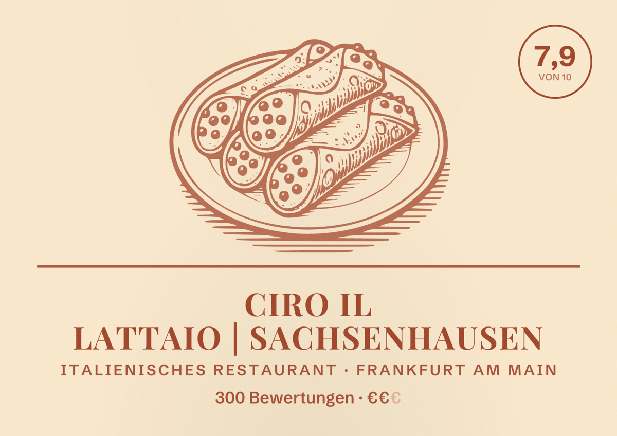 Illustriertes Poster von Ciro il lattaio | Sachsenhausen, Italienisches Restaurant in Frankfurt am Main: Bewertung 7,9 von 10 aus 300 Bewertungen, Preisniveau €€