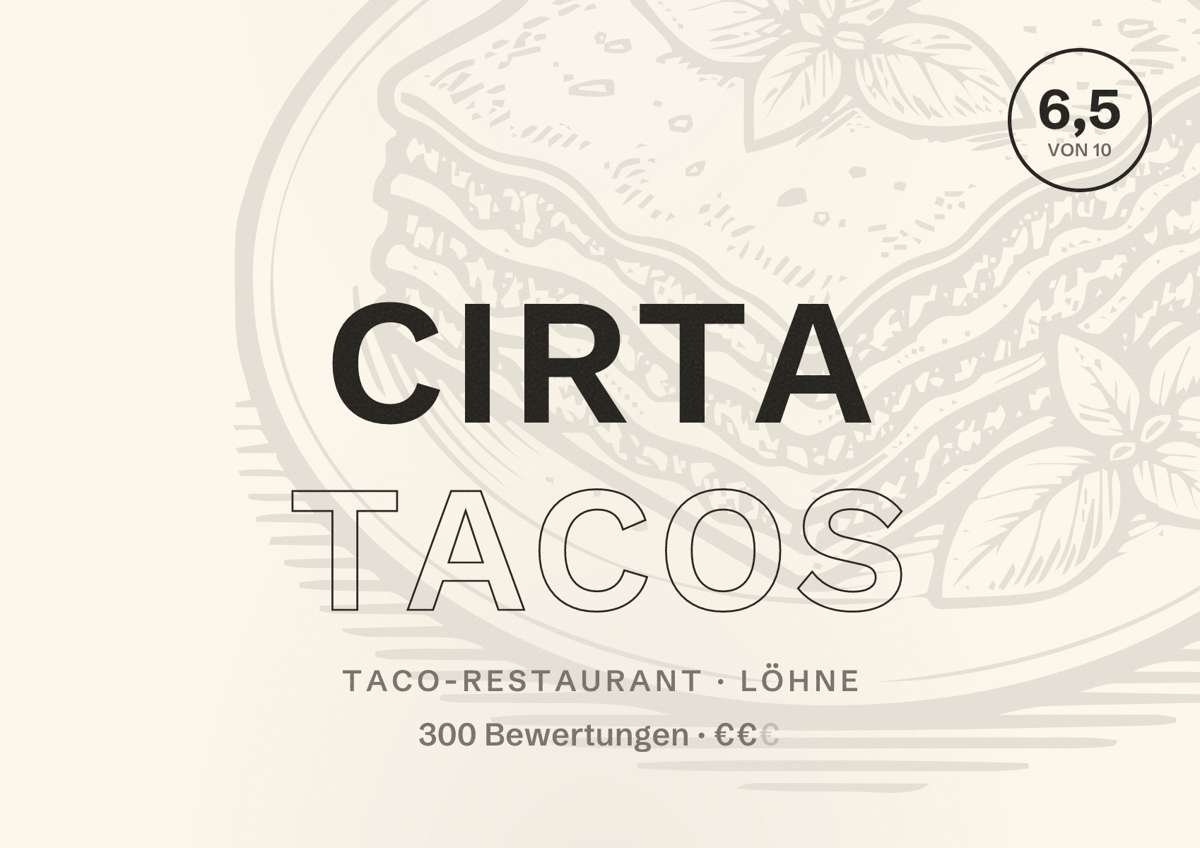 Illustriertes Poster von Cirta Tacos, Taco-Restaurant in Löhne: Bewertung 6,5 von 10 aus 300 Bewertungen, Preisniveau €€