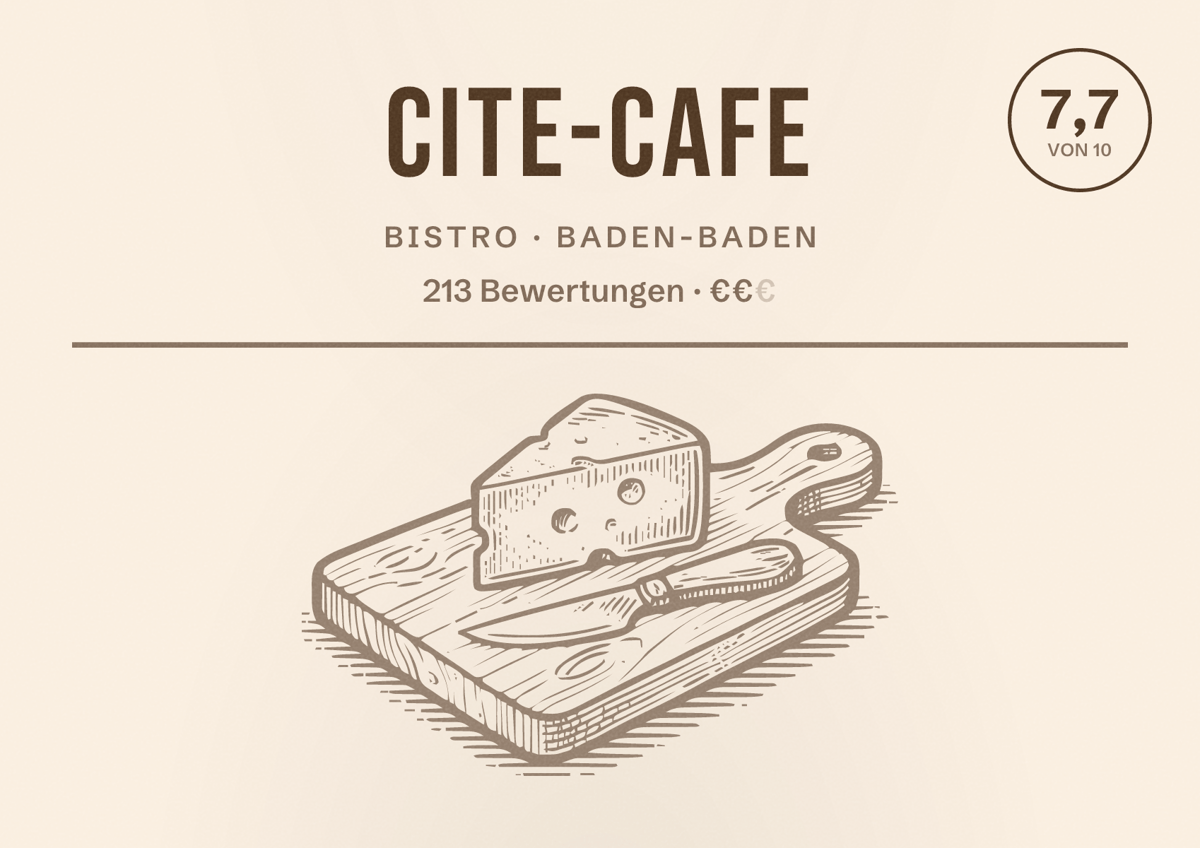 Illustriertes Poster von Cite-Cafe, Bistro in Baden-Baden: Bewertung 7,7 von 10 aus 213 Bewertungen, Preisniveau €€