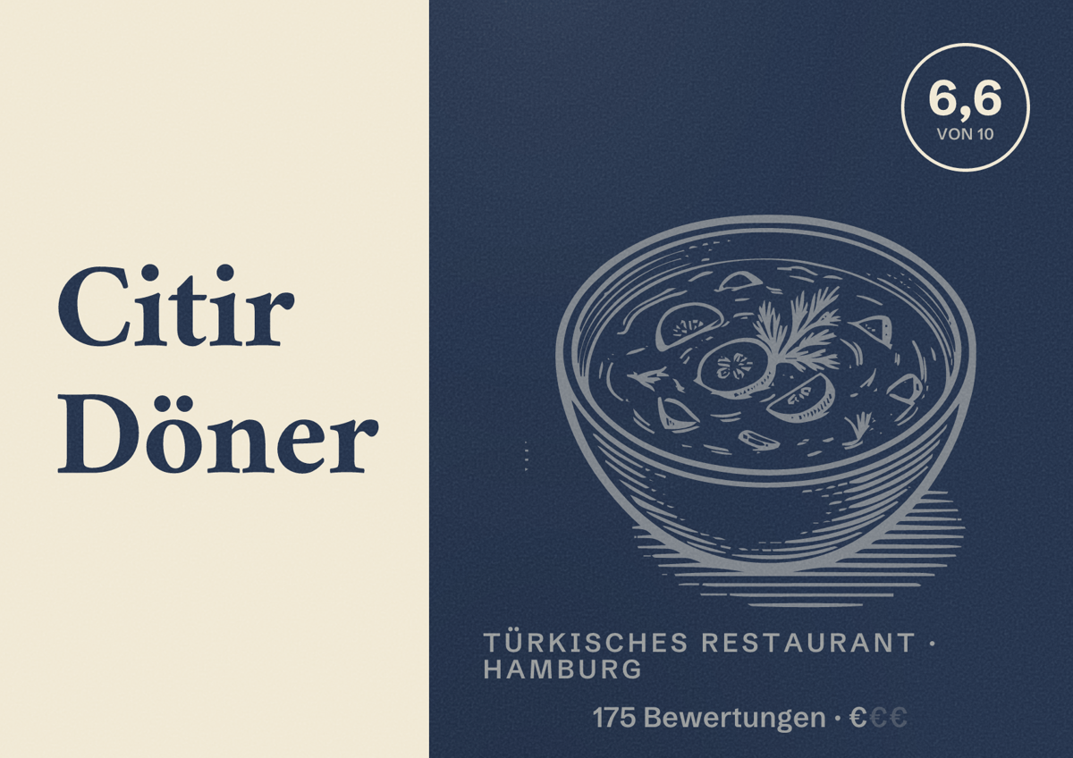 Illustriertes Poster von Citir Döner, Türkisches Restaurant in Hamburg: Bewertung 6,6 von 10 aus 175 Bewertungen, Preisniveau €